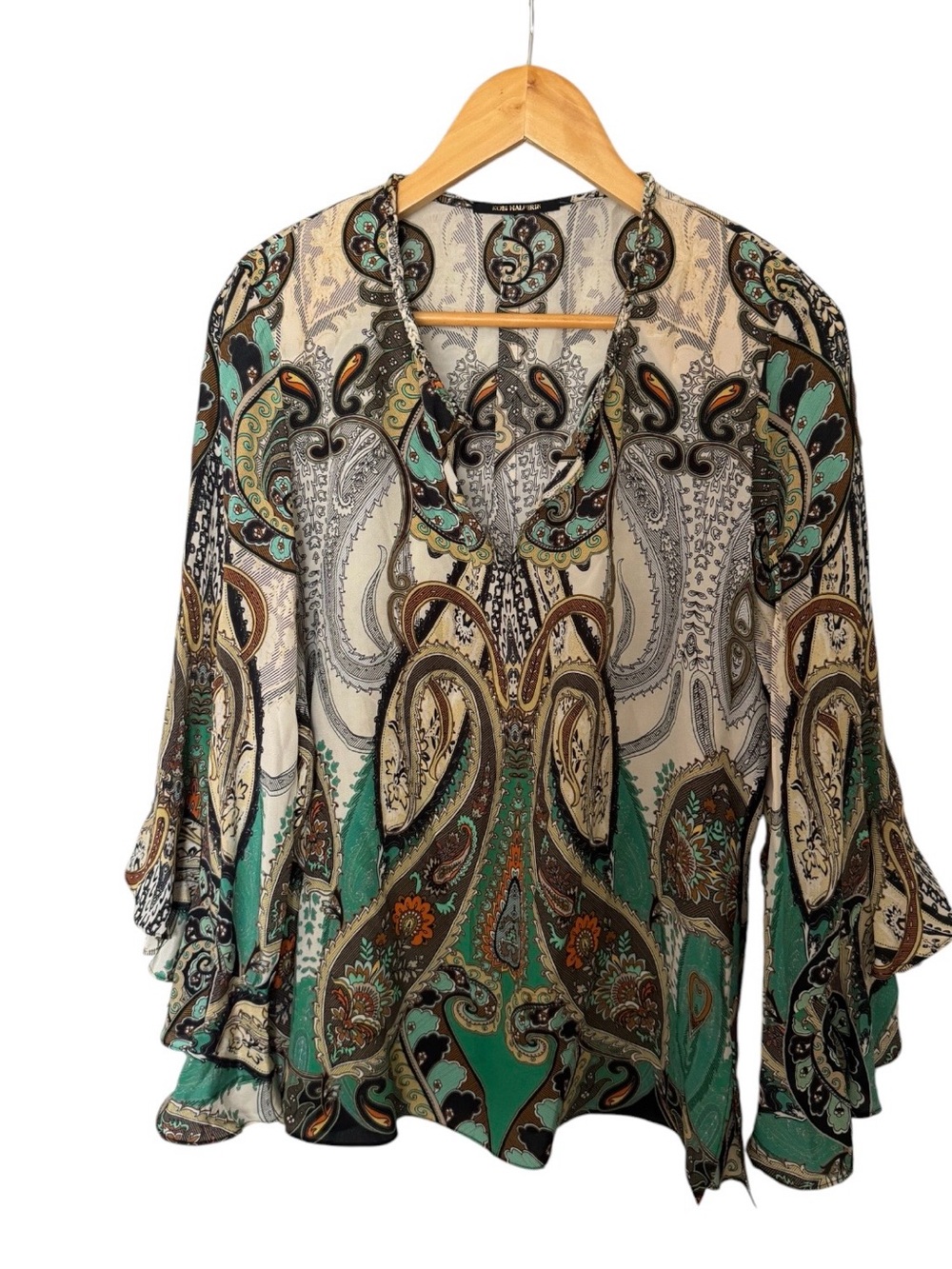 Kobi Halperin Green Beige Paisley V-Neck Blouse